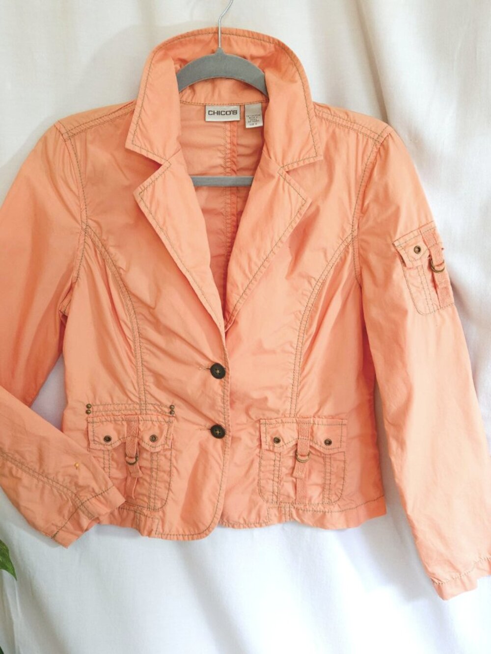 Chico's Salmon Pink Cotton Utility Jacket Size 0 Small Safari Blazer